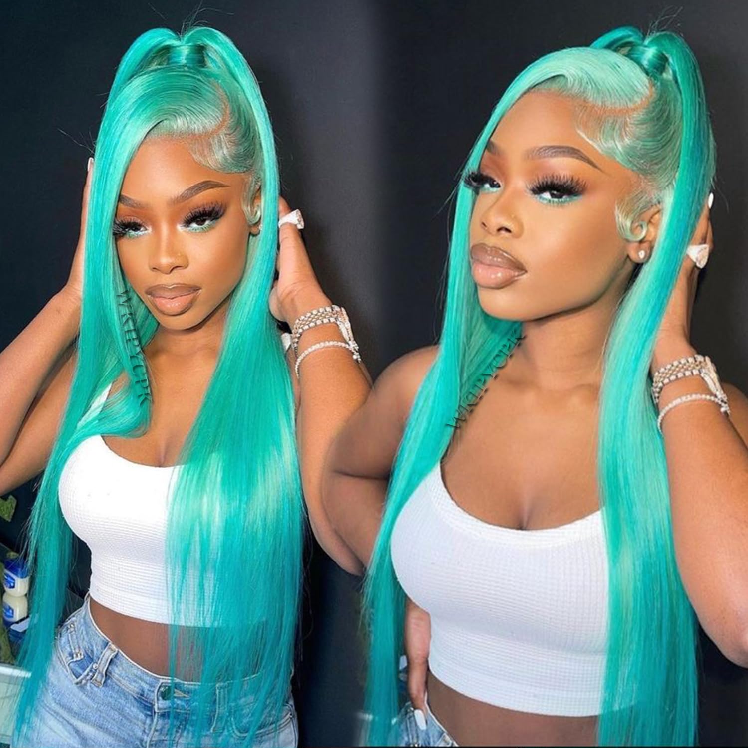 Amazon.com : WKIPYCPK Blue Green Color Synthetic Lace Front Wigs